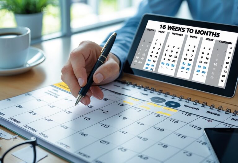 Mão segurando uma caneta sobre um calendário com 16 semanas destacadas, ao lado um tablet mostrando uma tabela de conversão de semanas para meses em um ambiente de escritório.