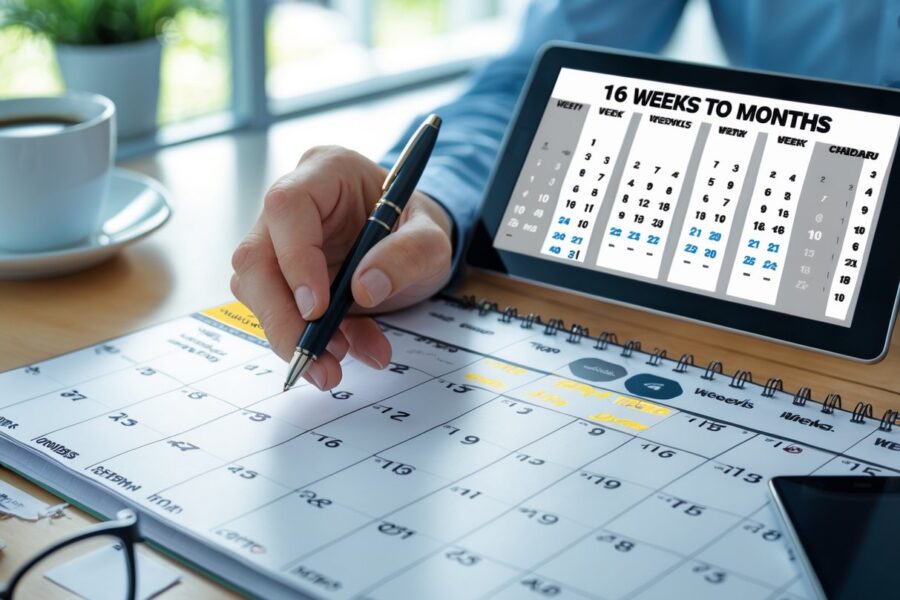 Mão segurando uma caneta sobre um calendário com 16 semanas destacadas, ao lado um tablet mostrando uma tabela de conversão de semanas para meses em um ambiente de escritório.