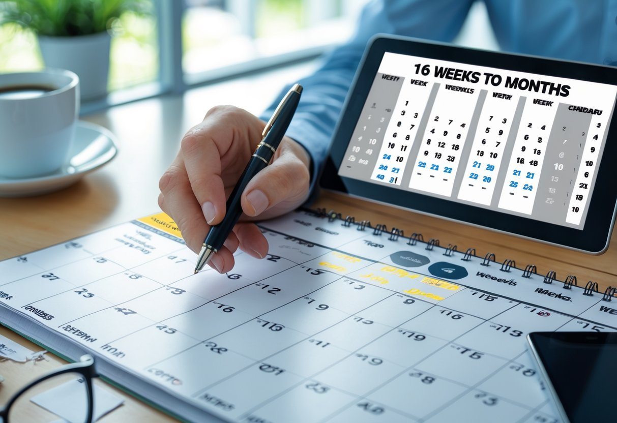 Mão segurando uma caneta sobre um calendário com 16 semanas destacadas, ao lado um tablet mostrando uma tabela de conversão de semanas para meses em um ambiente de escritório.