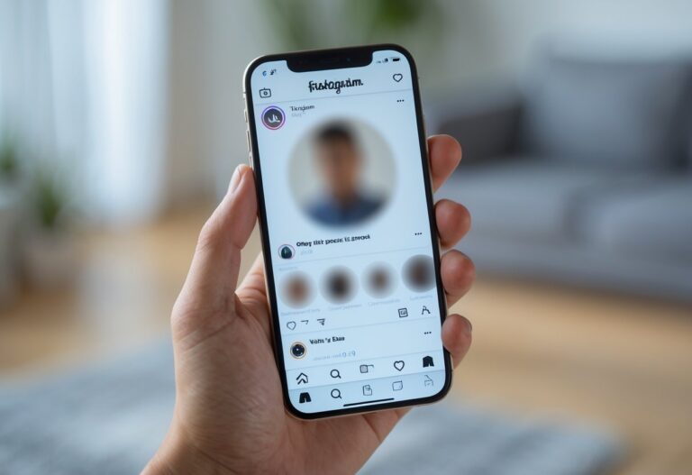 Pessoa segurando um smartphone mostrando uma página de perfil do Instagram bloqueada ou inacessível.