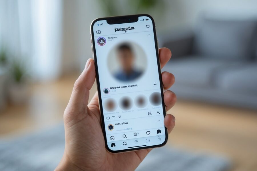 Pessoa segurando um smartphone mostrando uma página de perfil do Instagram bloqueada ou inacessível.