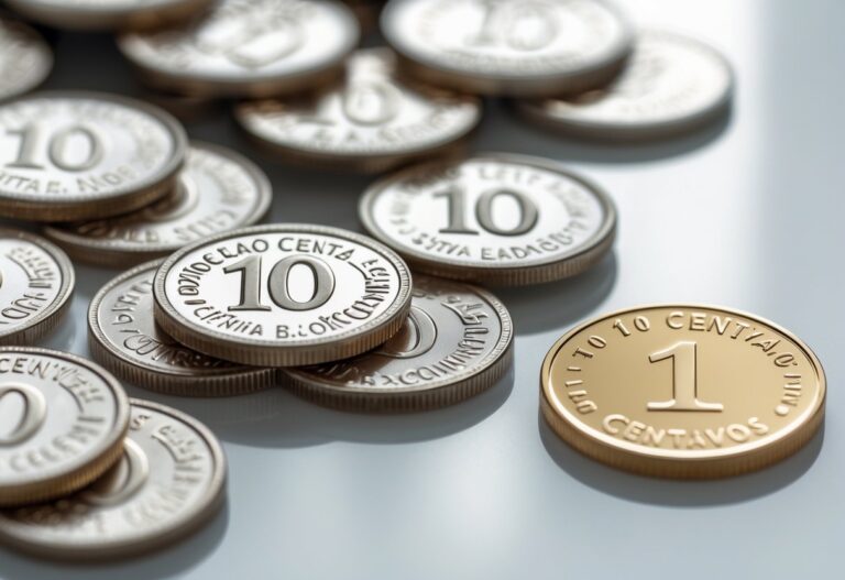 Várias moedas de 10 centavos brasileiras ao lado de uma moeda de 1 real sobre uma superfície branca.