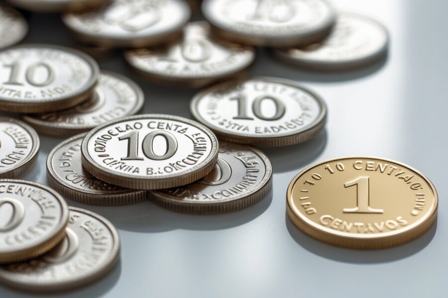 Várias moedas de 10 centavos brasileiras ao lado de uma moeda de 1 real sobre uma superfície branca.