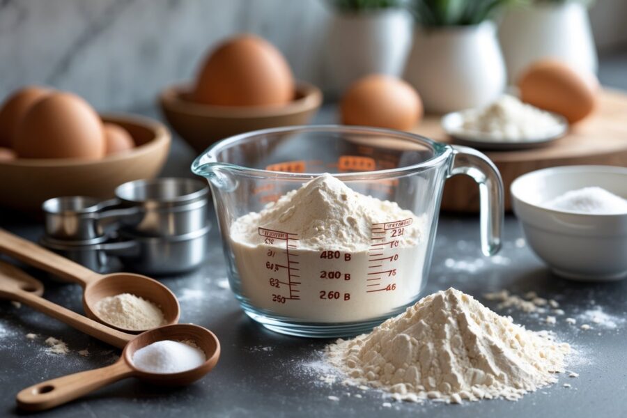 Balcão de cozinha com xícaras medidoras, farinha em copo medidor de vidro e utensílios de cozinha para preparo de receita.