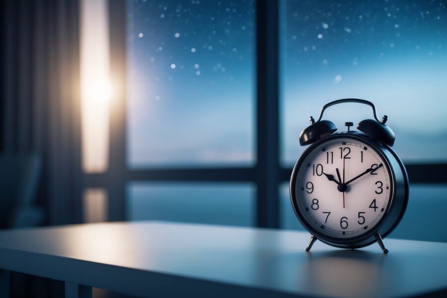Relógio analógico moderno mostrando quase meia-noite em uma mesa minimalista com luz suave e céu noturno ao fundo.