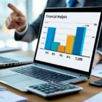 Pessoa em um escritório analisando gráficos financeiros em um laptop com documentos e calculadora na mesa.