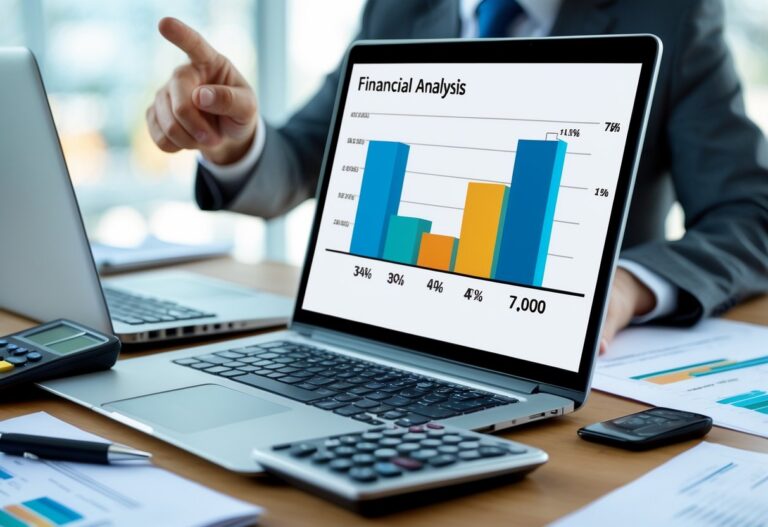 Pessoa em um escritório analisando gráficos financeiros em um laptop com documentos e calculadora na mesa.