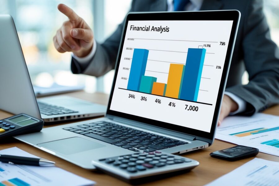Pessoa em um escritório analisando gráficos financeiros em um laptop com documentos e calculadora na mesa.