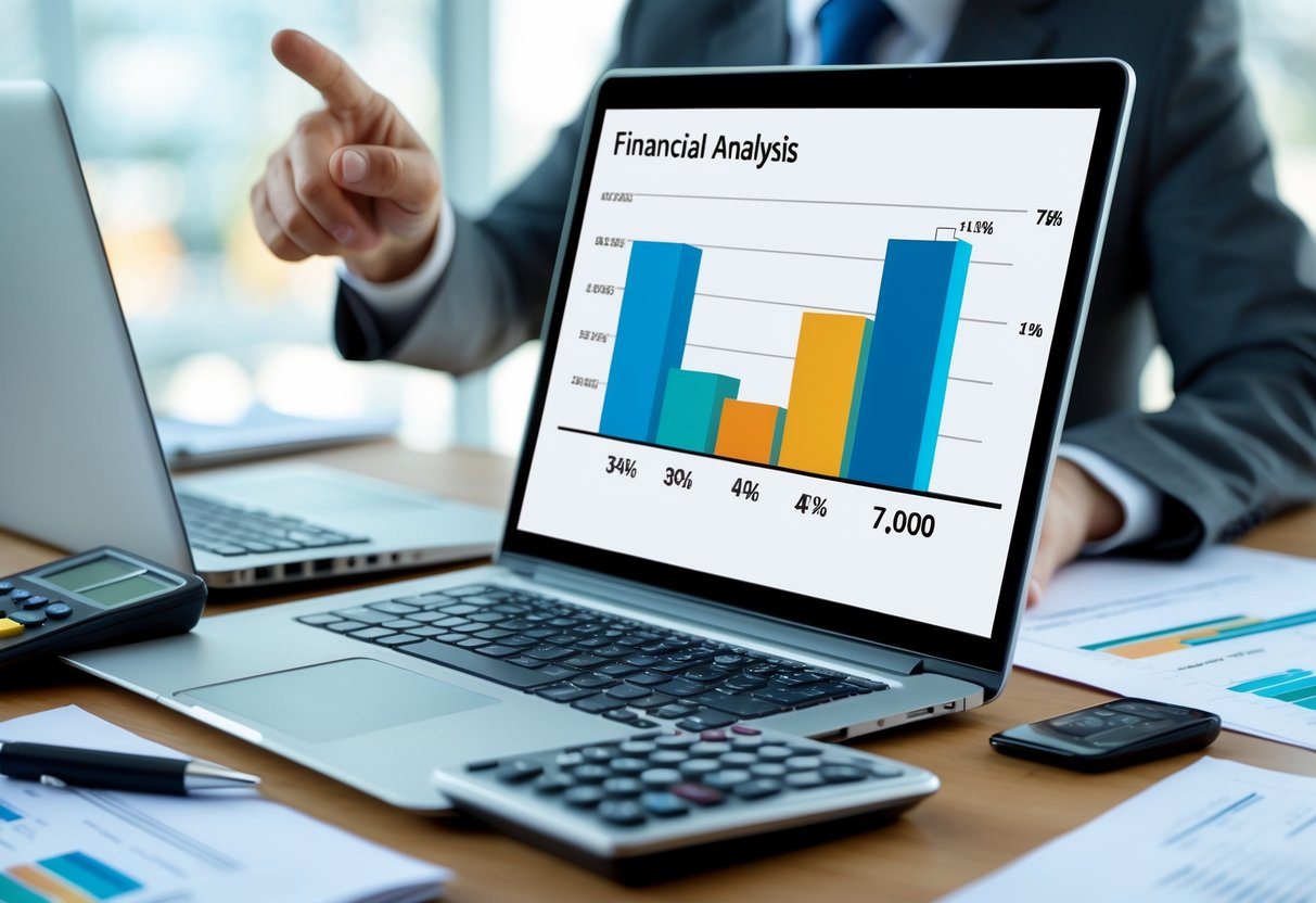 Pessoa em um escritório analisando gráficos financeiros em um laptop com documentos e calculadora na mesa.