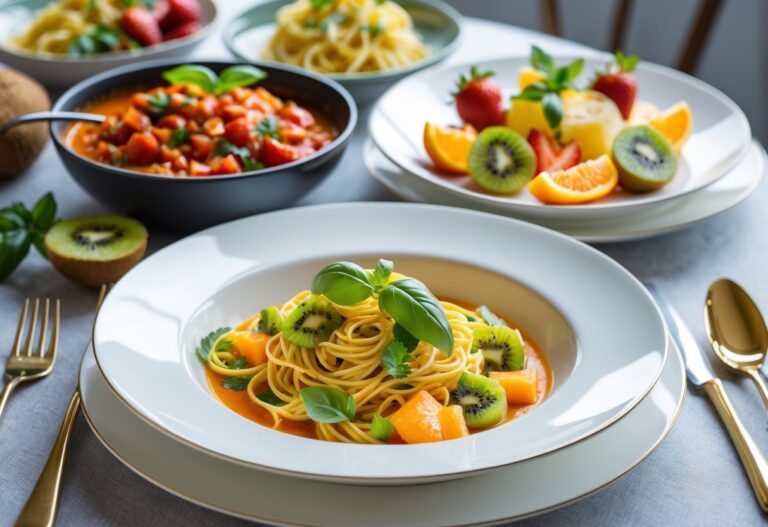 Mesa com pratos variados de comida começando com a letra I, incluindo macarrão italiano, curry indiano e salada de frutas com gelo.