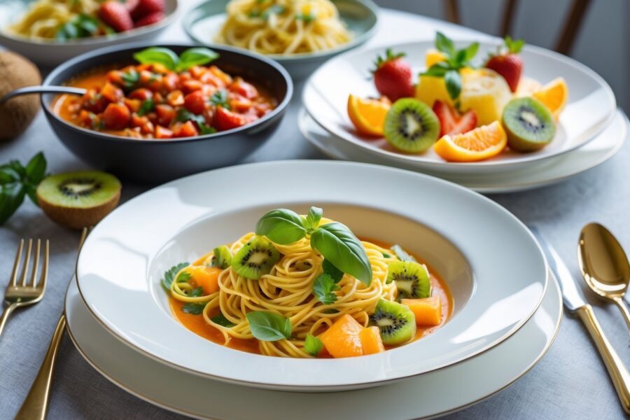 Mesa com pratos variados de comida começando com a letra I, incluindo macarrão italiano, curry indiano e salada de frutas com gelo.