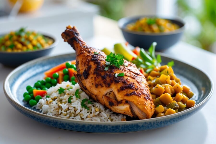 Prato de frango jerk jamaicano com arroz, legumes e ervas frescas em uma mesa bem iluminada.