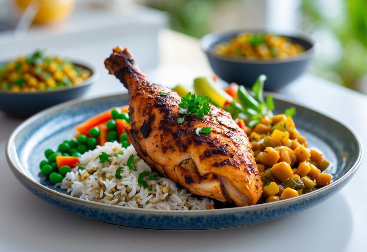 Prato de frango jerk jamaicano com arroz, legumes e ervas frescas em uma mesa bem iluminada.