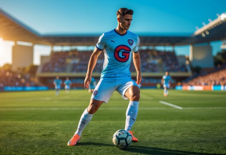 Jogador de futebol masculino em campo, vestindo uniforme com a letra G, em posição de ação com a bola.