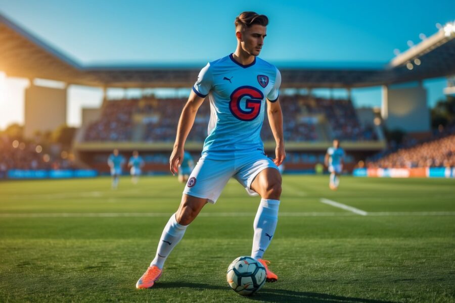 Jogador de futebol masculino em campo, vestindo uniforme com a letra G, em posição de ação com a bola.