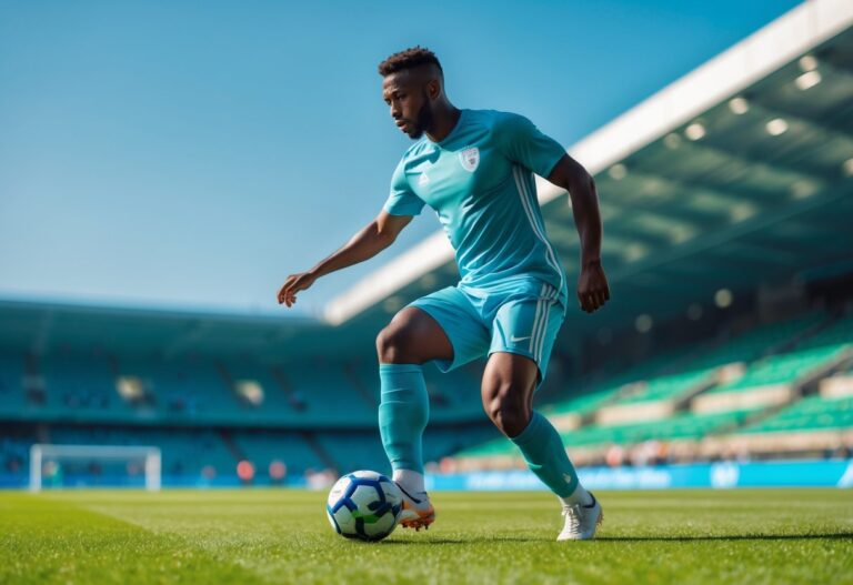 Jogador de futebol masculino em ação, preparando-se para chutar a bola em um campo verde durante o dia.