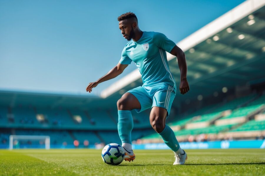 Jogador de futebol masculino em ação, preparando-se para chutar a bola em um campo verde durante o dia.