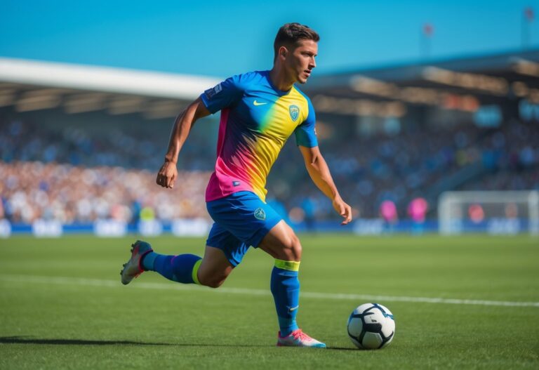Jogador de futebol masculino correndo com a bola em um campo de grama verde.
