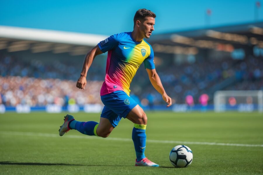 Jogador de futebol masculino correndo com a bola em um campo de grama verde.