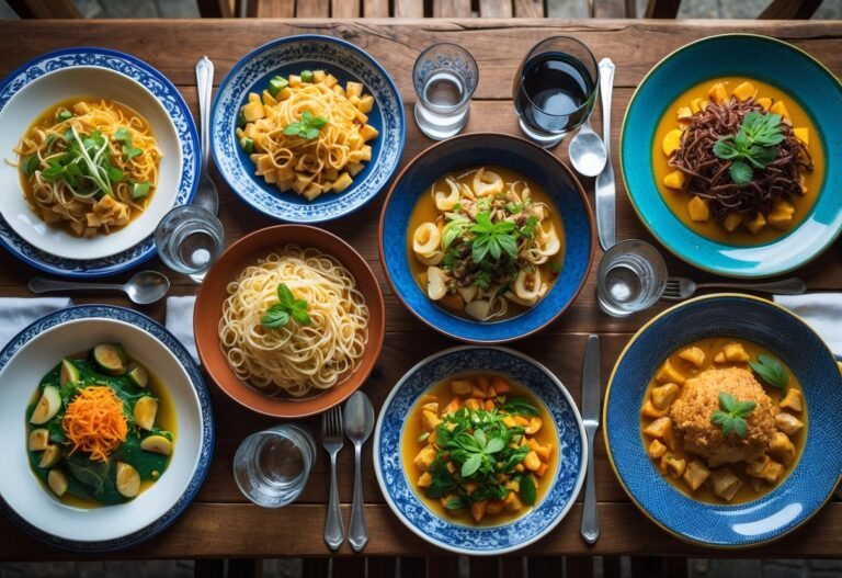 Mesa com pratos variados de comida brasileira começando com a letra N, incluindo nhoque e macarrão, em uma composição apetitosa.