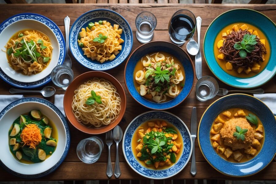 Mesa com pratos variados de comida brasileira começando com a letra N, incluindo nhoque e macarrão, em uma composição apetitosa.