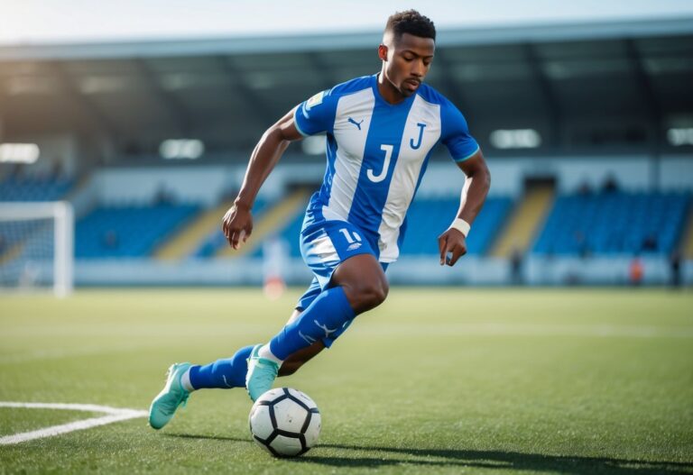 Jogador de futebol masculino driblando uma bola em campo verde com uniforme azul e branco.