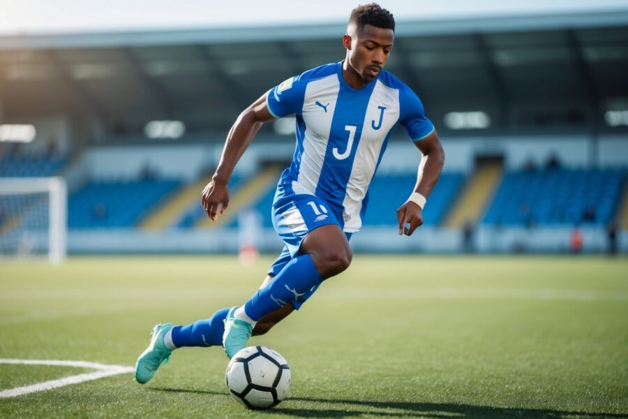 Jogador de futebol masculino driblando uma bola em campo verde com uniforme azul e branco.