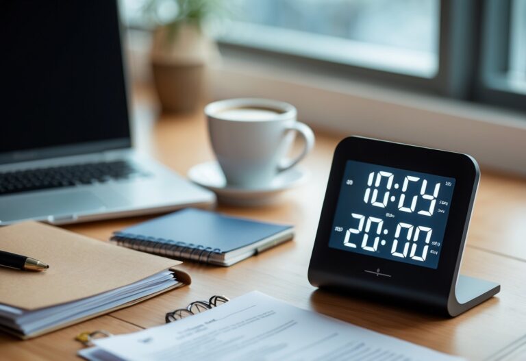 Mesa de escritório moderna com um relógio digital mostrando a hora, laptop, café, caderno e documentos.