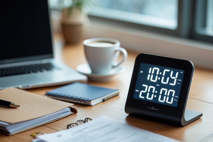 Mesa de escritório moderna com um relógio digital mostrando a hora, laptop, café, caderno e documentos.