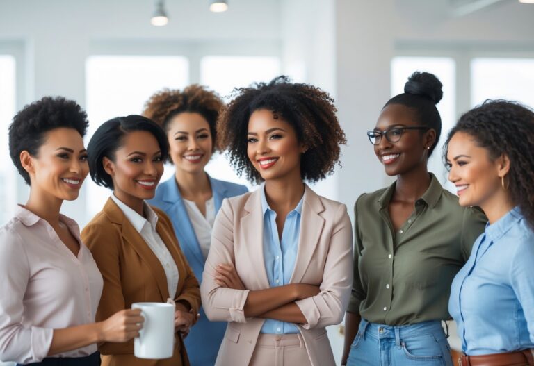 Grupo diversificado de mulheres sorrindo e interagindo em um ambiente profissional claro e moderno.