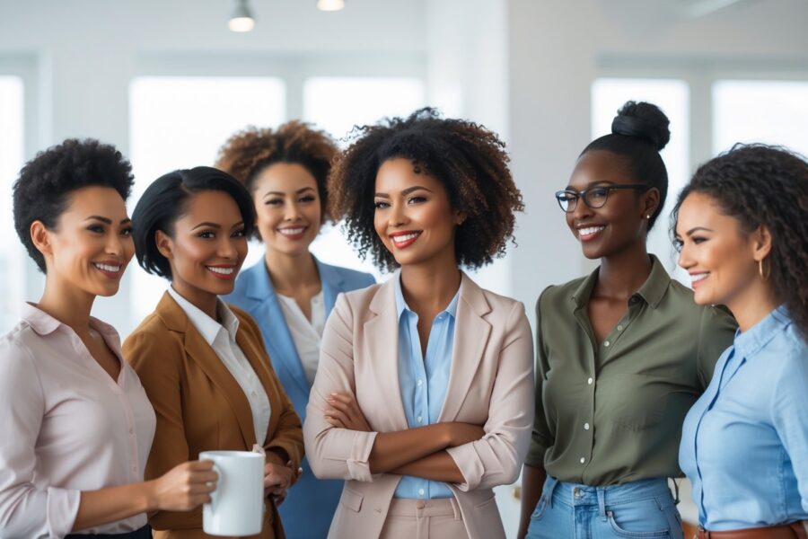 Grupo diversificado de mulheres sorrindo e interagindo em um ambiente profissional claro e moderno.