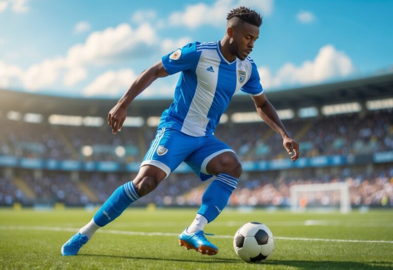 Jogador de futebol masculino em campo verde, controlando a bola durante o jogo.