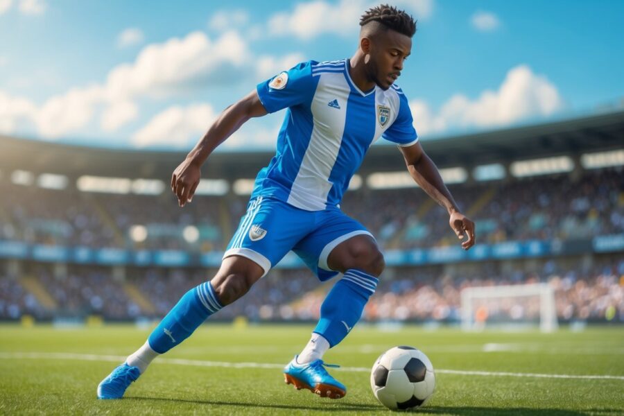 Jogador de futebol masculino em campo verde, controlando a bola durante o jogo.