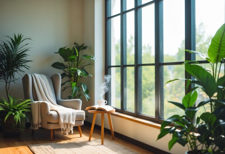 Um canto aconchegante para leitura em um ambiente interno com poltrona, mesa pequena, plantas e luz natural entrando pela janela.
