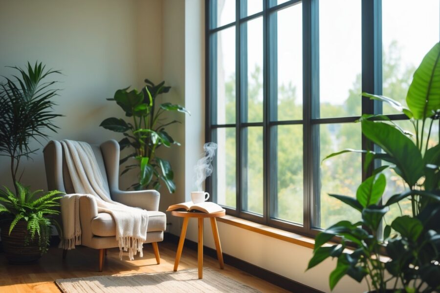 Um canto aconchegante para leitura em um ambiente interno com poltrona, mesa pequena, plantas e luz natural entrando pela janela.