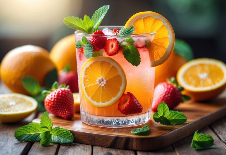 Copo com bebida de frutas frescas sobre mesa de madeira, rodeado por frutas e folhas de hortelã.