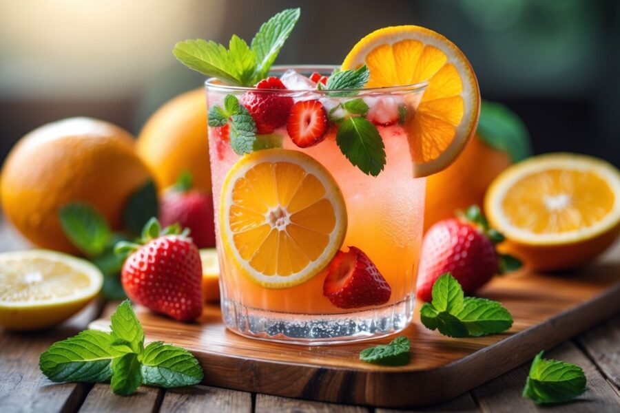 Copo com bebida de frutas frescas sobre mesa de madeira, rodeado por frutas e folhas de hortelã.