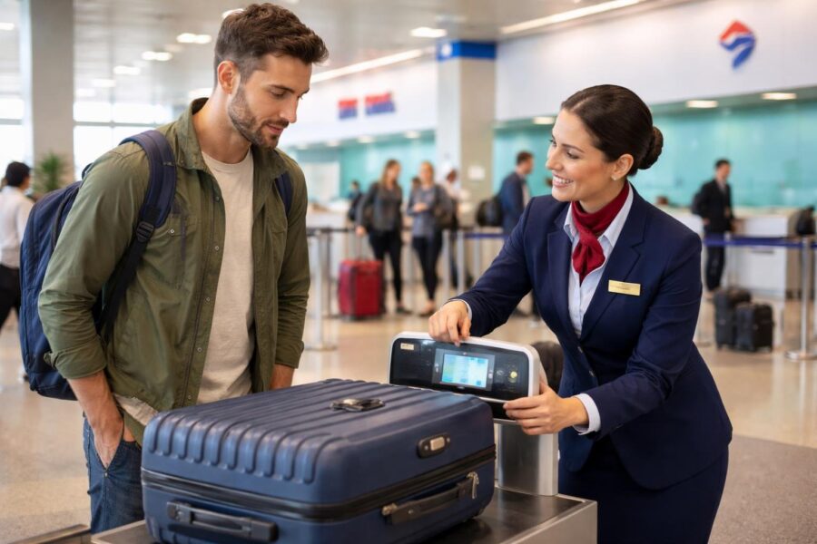 Pessoa conferindo o peso da mala no balcão de check-in do aeroporto com um funcionário da companhia aérea LATAM.