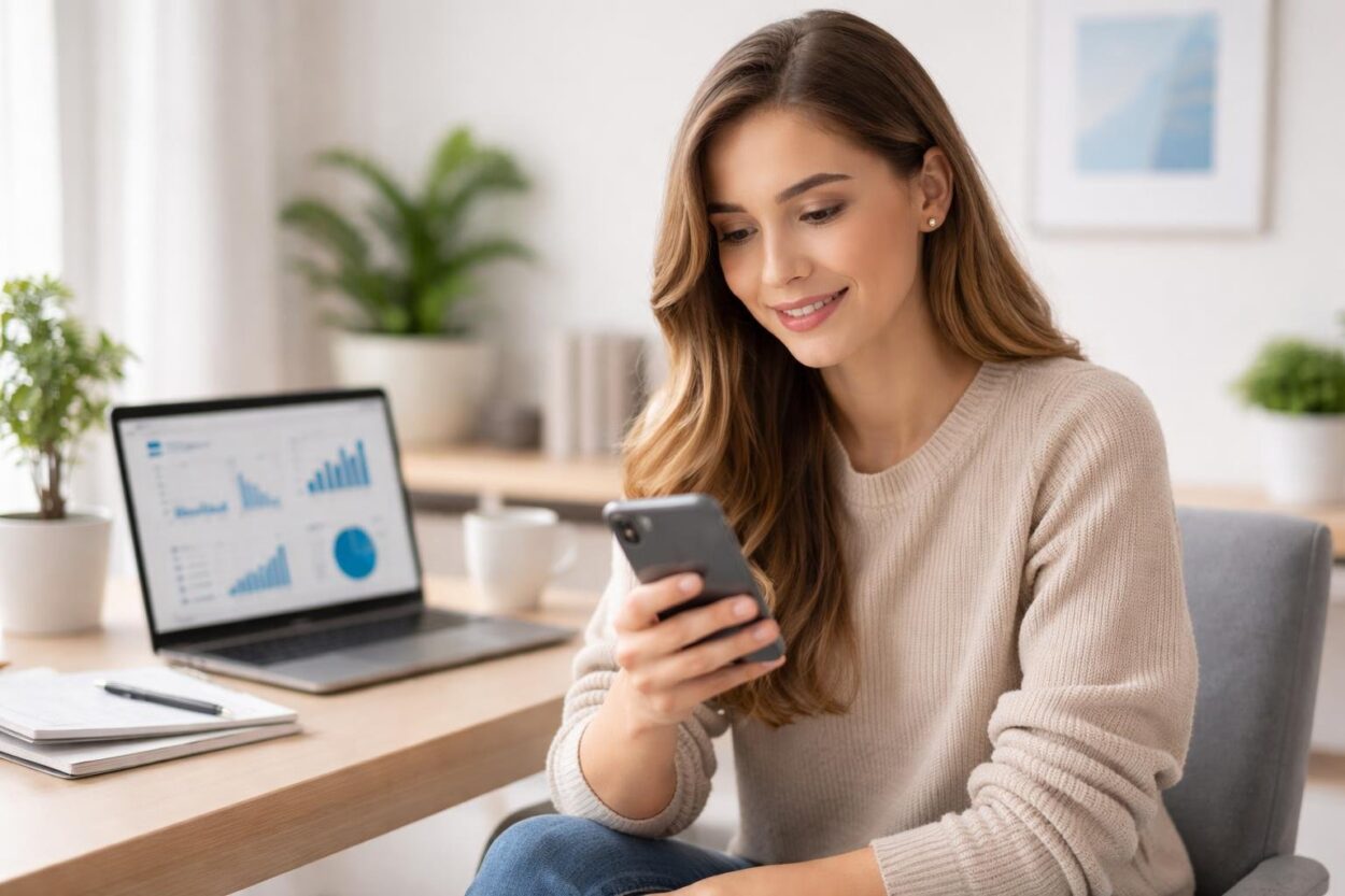 Mulher jovem sentada em uma mesa moderna, segurando um smartphone e conversando pelo WhatsApp, em um ambiente de escritório em casa bem iluminado.