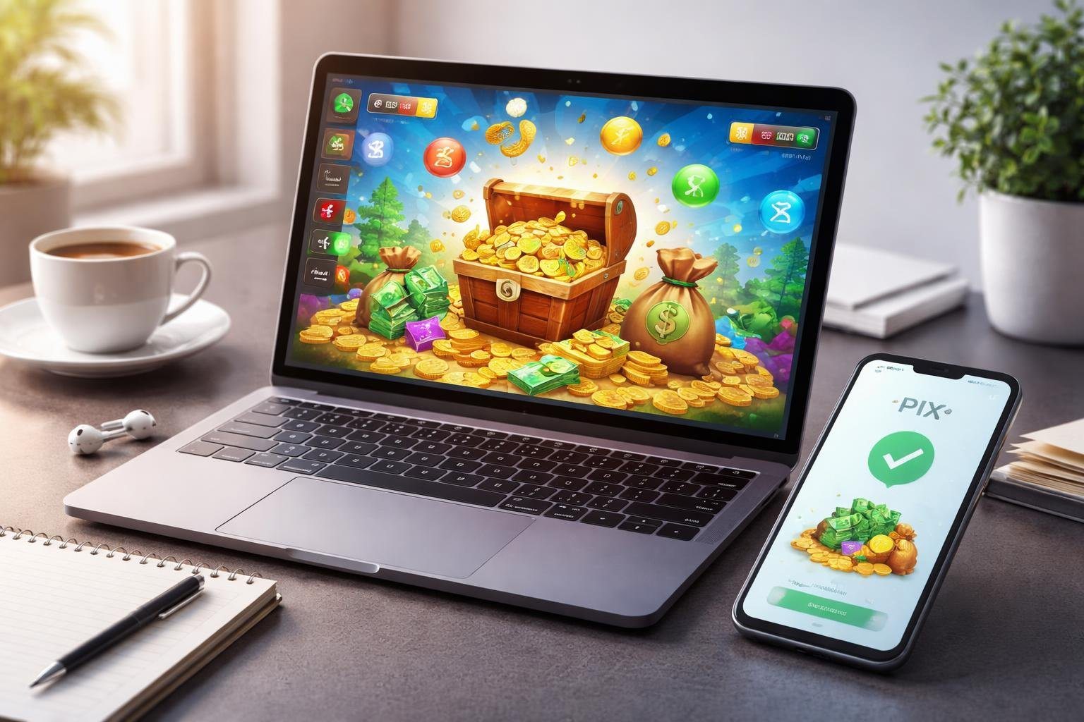 Mesa de trabalho moderna com laptop exibindo jogo online e smartphone mostrando confirmação de pagamento via PIX.