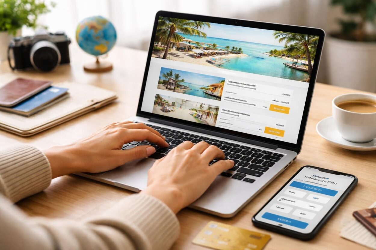 Pessoa usando laptop para planejar viagem, com cartão de crédito e smartphone sobre mesa organizada com itens de viagem.