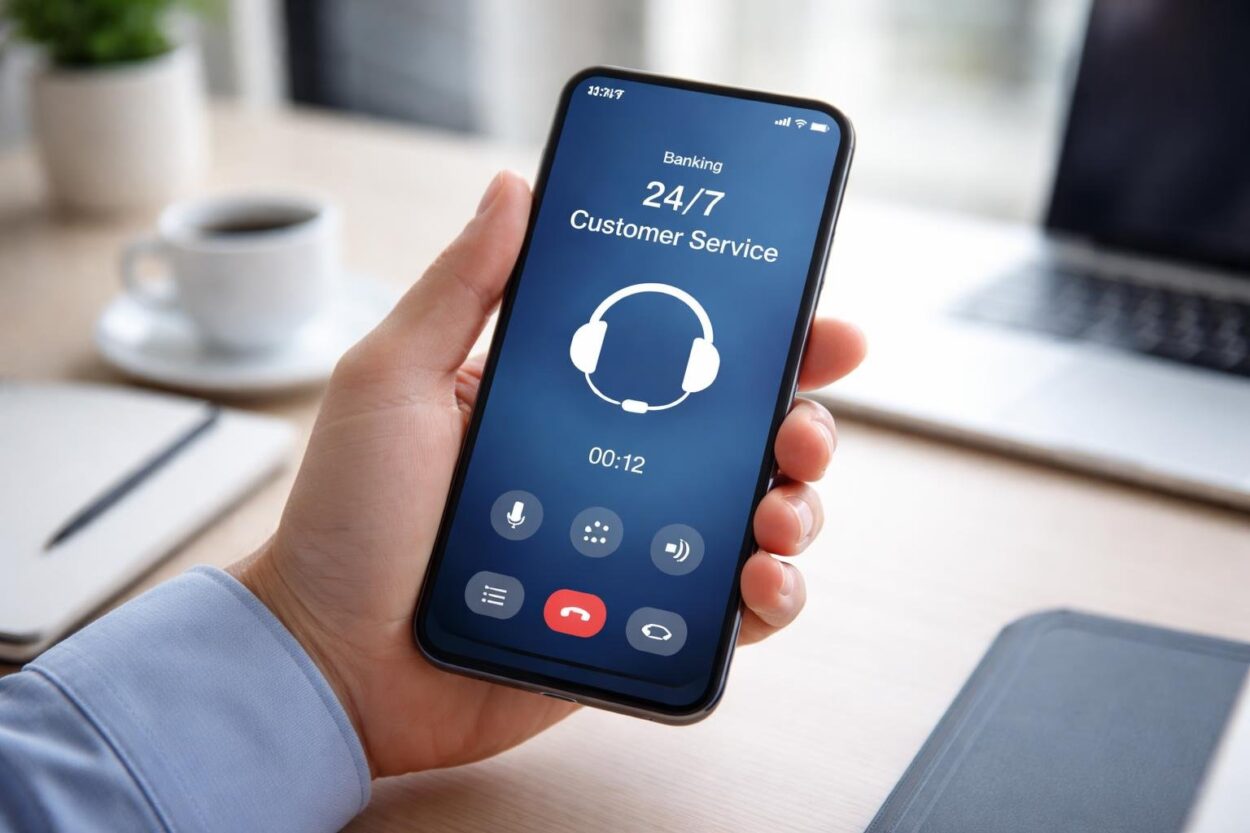 Pessoa segurando um smartphone em um ambiente de escritório, mostrando uma chamada de atendimento bancário 24 horas.