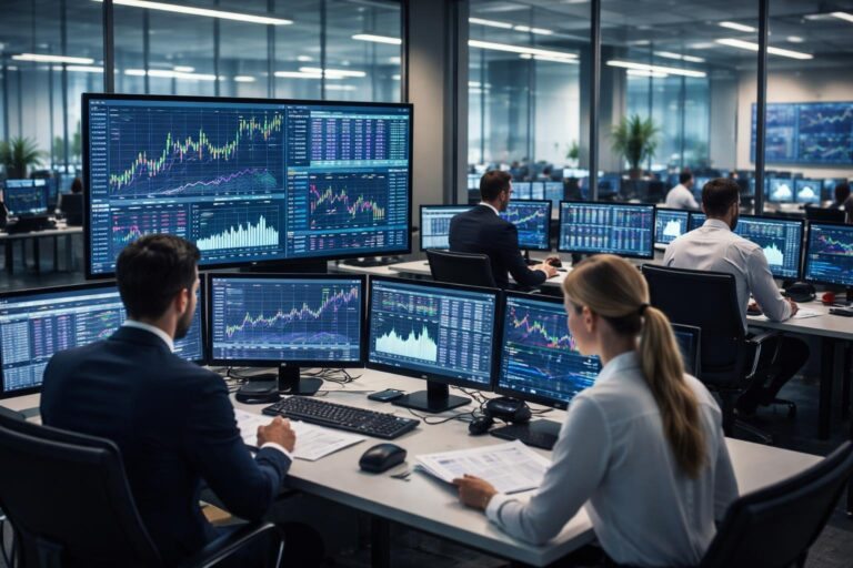 Profissionais trabalhando em um escritório moderno com computadores exibindo dados financeiros.