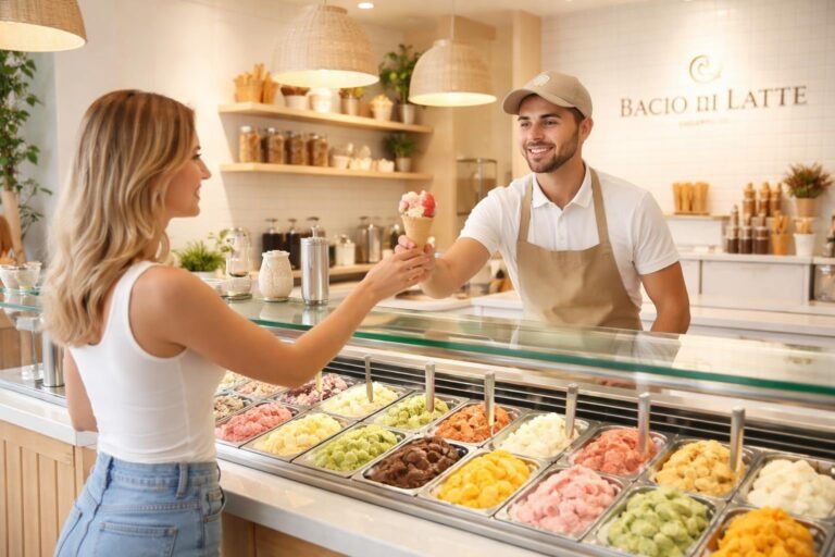 Interior de uma sorveteria Bacio di Latte com balcão exibindo vários sabores de sorvete e um atendente servindo um cliente sorridente.