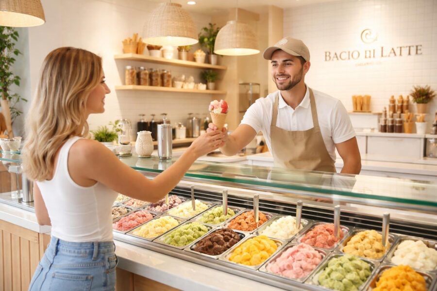 Interior de uma sorveteria Bacio di Latte com balcão exibindo vários sabores de sorvete e um atendente servindo um cliente sorridente.