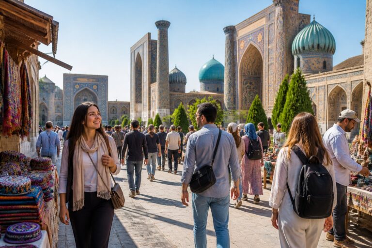 Grupo de pessoas caminhando em uma rua movimentada de cidade no Uzbequistão, com arquitetura tradicional e moderna ao fundo.