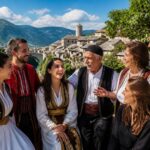 Grupo diverso de pessoas dos Balcãs em um ambiente ao ar livre com roupas tradicionais e modernas, sorrindo e conversando, com paisagem natural e edifícios históricos ao fundo.