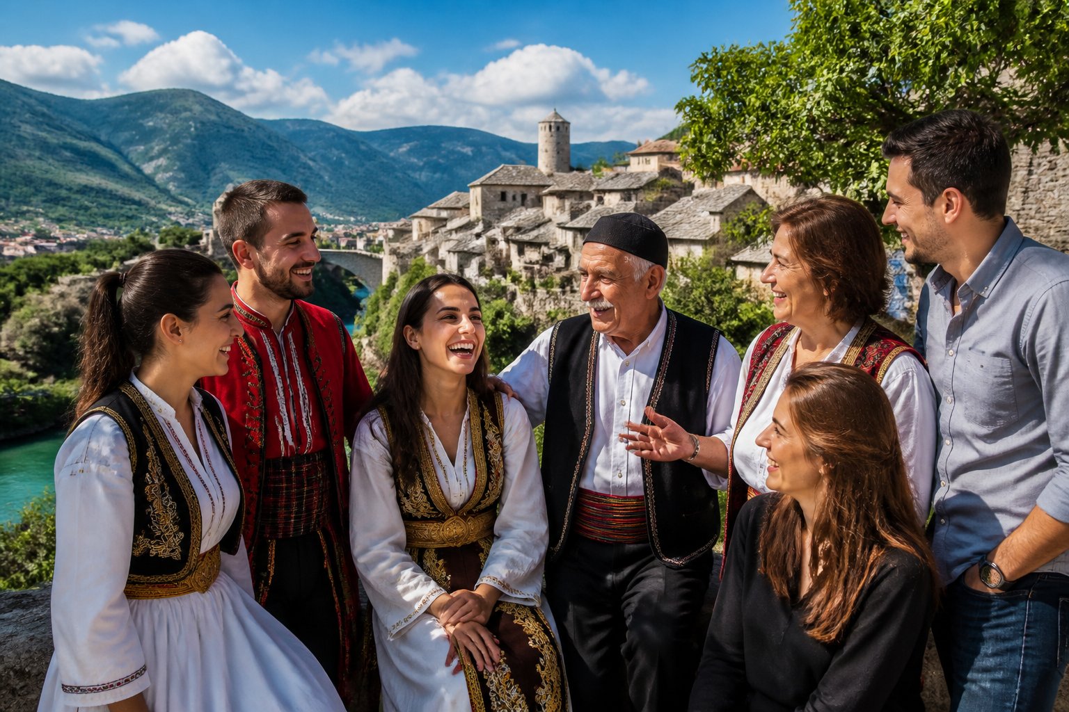 Grupo diverso de pessoas dos Balcãs em um ambiente ao ar livre com roupas tradicionais e modernas, sorrindo e conversando, com paisagem natural e edifícios históricos ao fundo.