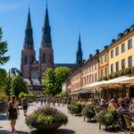 Praça pública em Uppsala com pessoas, prédios históricos, árvores e a catedral ao fundo em um dia ensolarado.