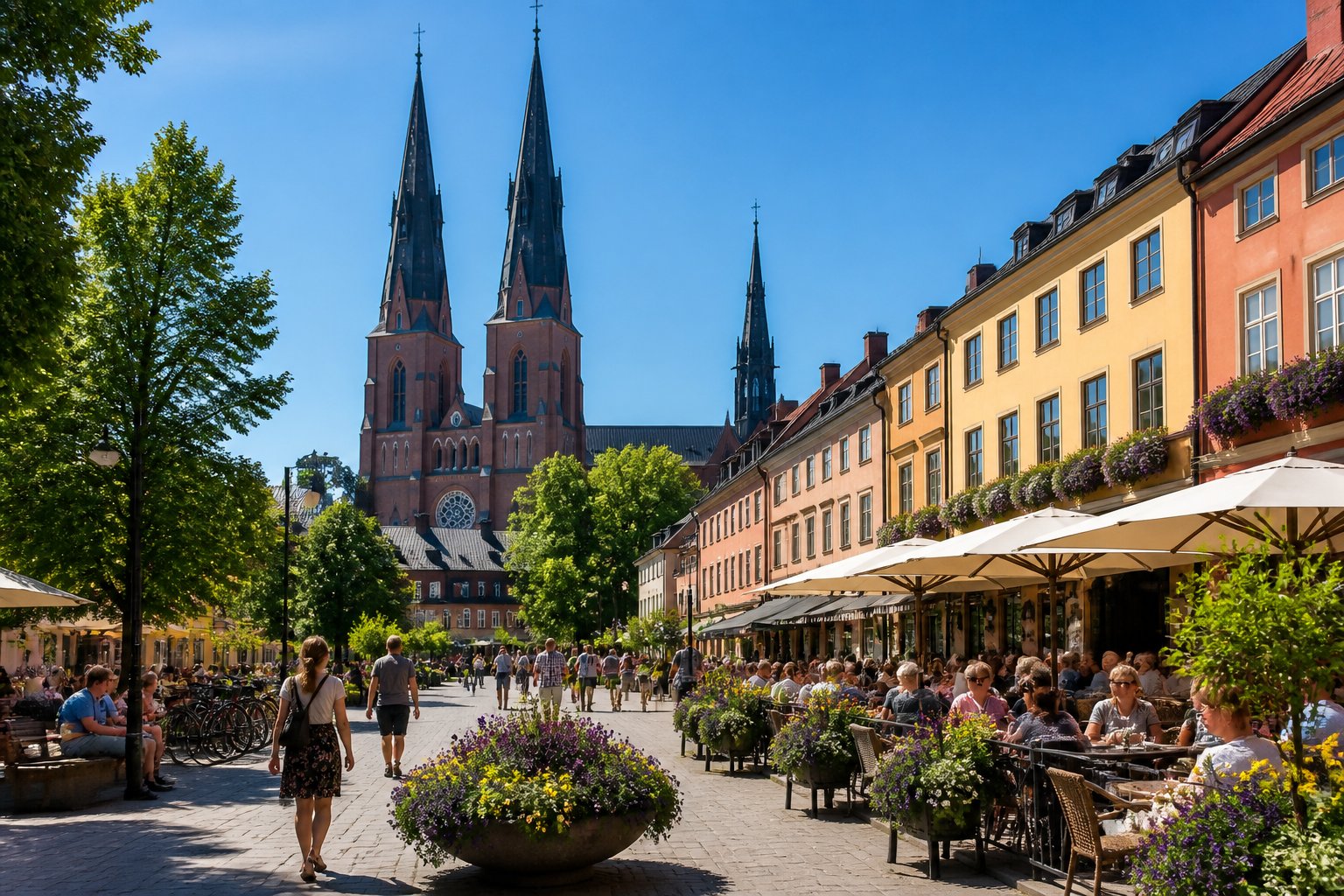 Praça pública em Uppsala com pessoas, prédios históricos, árvores e a catedral ao fundo em um dia ensolarado.